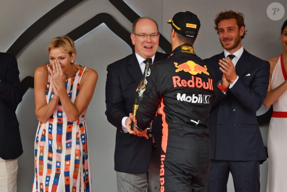 Andrea Casiraghi, la princesse Charlene de Monaco, le prince Albert II de Monaco, Pierre Casiraghi félicitent le trio de tête du 76e Gran Prix de Formule 1 de Monaco remporté par Daniel Ricciardo suivi de Sebastian Vettel et Lewis Hamilton, le 27 mai 2018. © Bruno Bebert/Bestimage