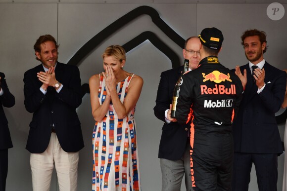 Andrea Casiraghi, la princesse Charlene de Monaco, le prince Albert II de Monaco, Pierre Casiraghi félicitent le trio de tête du 76e Gran Prix de Formule 1 de Monaco remporté par Daniel Ricciardo suivi de Sebastian Vettel et Lewis Hamilton, le 27 mai 2018. © Bruno Bebert/Bestimage