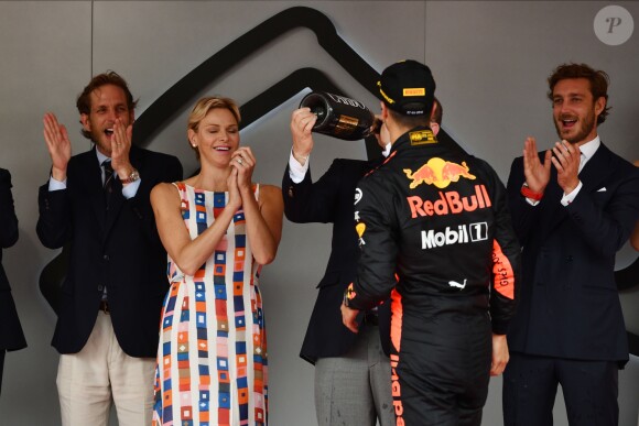 Andrea Casiraghi, la princesse Charlene de Monaco, le prince Albert II de Monaco, Pierre Casiraghi félicitent le trio de tête du 76e Gran Prix de Formule 1 de Monaco remporté par Daniel Ricciardo suivi de Sebastian Vettel et Lewis Hamilton, le 27 mai 2018. © Bruno Bebert/Bestimage