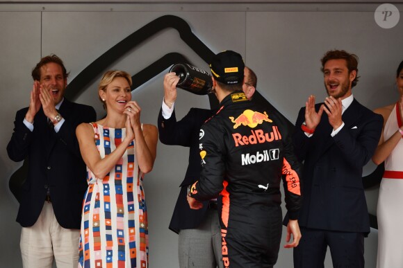 Andrea Casiraghi, la princesse Charlene de Monaco, le prince Albert II de Monaco, Pierre Casiraghi félicitent le trio de tête du 76e Gran Prix de Formule 1 de Monaco remporté par Daniel Ricciardo suivi de Sebastian Vettel et Lewis Hamilton, le 27 mai 2018. © Bruno Bebert/Bestimage