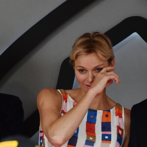 Andrea Casiraghi, la princesse Charlene de Monaco, le prince Albert II de Monaco, Pierre Casiraghi félicitent le trio de tête du 76e Gran Prix de Formule 1 de Monaco remporté par Daniel Ricciardo suivi de Sebastian Vettel et Lewis Hamilton, le 27 mai 2018. © Bruno Bebert/Bestimage