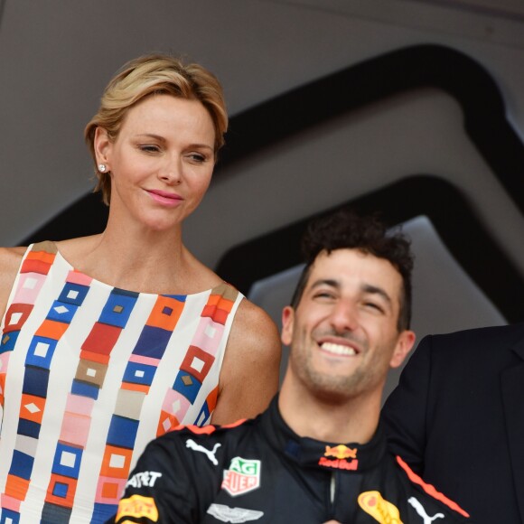 Andrea Casiraghi, la princesse Charlene de Monaco, le prince Albert II de Monaco, Pierre Casiraghi félicitent le trio de tête du 76e Gran Prix de Formule 1 de Monaco remporté par Daniel Ricciardo suivi de Sebastian Vettel et Lewis Hamilton, le 27 mai 2018. © Bruno Bebert/Bestimage