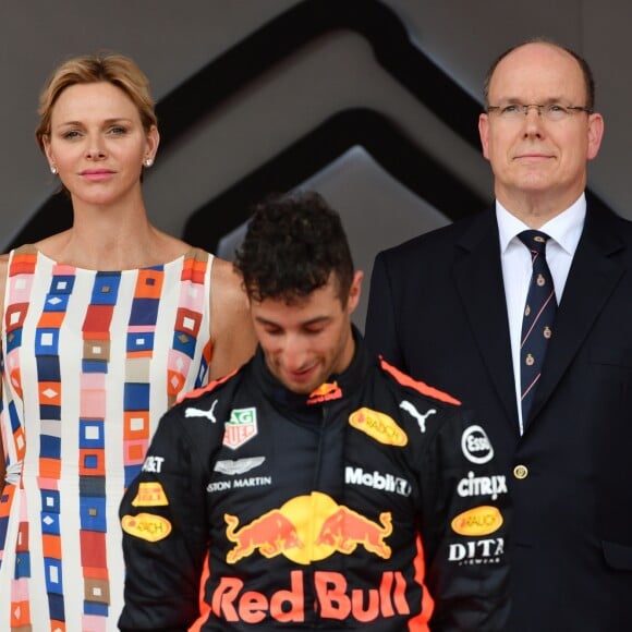 Andrea Casiraghi, la princesse Charlene de Monaco, le prince Albert II de Monaco, Pierre Casiraghi félicitent le trio de tête du 76e Gran Prix de Formule 1 de Monaco remporté par Daniel Ricciardo suivi de Sebastian Vettel et Lewis Hamilton, le 27 mai 2018. © Bruno Bebert/Bestimage