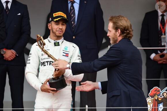 Andrea Casiraghi, la princesse Charlene de Monaco, le prince Albert II de Monaco, Pierre Casiraghi félicitent le trio de tête du 76e Gran Prix de Formule 1 de Monaco remporté par Daniel Ricciardo suivi de Sebastian Vettel et Lewis Hamilton, le 27 mai 2018. © Bruno Bebert/Bestimage