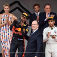 Andrea Casiraghi, la princesse Charlene de Monaco, le prince Albert II de Monaco, Pierre Casiraghi félicitent le trio de tête du 76e Gran Prix de Formule 1 de Monaco remporté par Daniel Ricciardo suivi de Sebastian Vettel et Lewis Hamilton, le 27 mai 2018. © Bruno Bebert/Bestimage