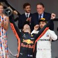 Andrea Casiraghi, la princesse Charlene de Monaco, le prince Albert II de Monaco, Pierre Casiraghi félicitent le trio de tête du 76e Gran Prix de Formule 1 de Monaco remporté par Daniel Ricciardo suivi de Sebastian Vettel et Lewis Hamilton, le 27 mai 2018. © Bruno Bebert/Bestimage