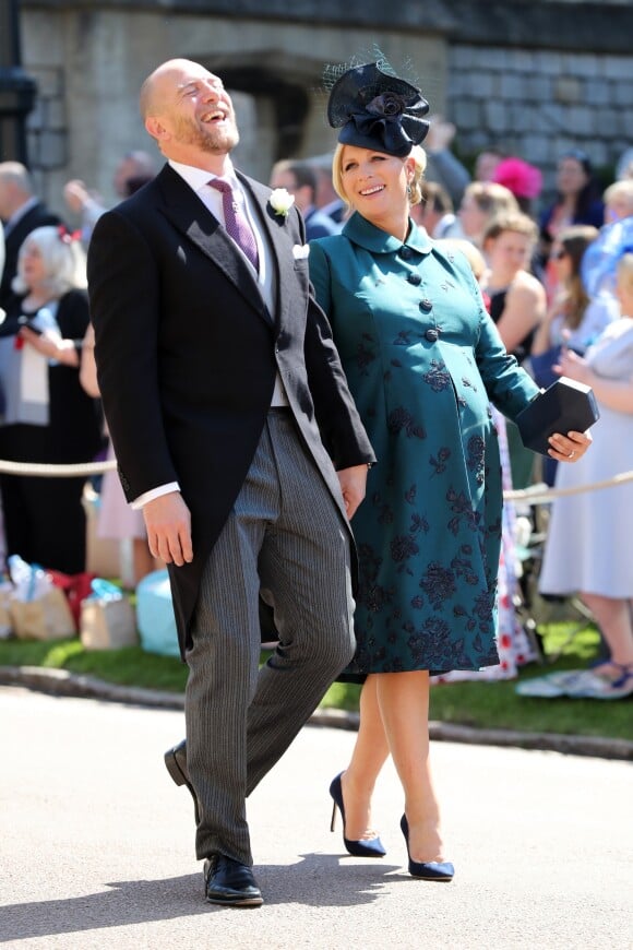 Mike Tindall et sa femme Zara Phillips Tindall (enceinte) - Les invités arrivent à la chapelle St. George pour le mariage du prince Harry et de Meghan Markle au château de Windsor, Royaume Uni, le 19 mai 2018.