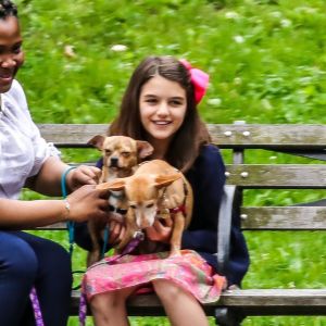 Suri Cruise, une attelle à la cheville, joue avec ses chiens dans un parc à New York, le 23 juin 2018