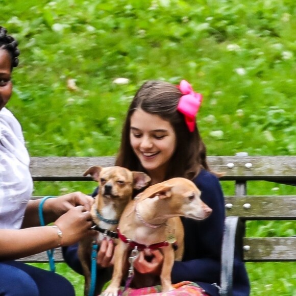 Suri Cruise, une attelle à la cheville, joue avec ses chiens dans un parc à New York, le 23 juin 2018.