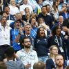 Nagui, sa femme Mélanie Page, Dylan Deschamps, Claude Deschamps, Michel Cymes, Bruno Solo, Leïla Kaddour-Boudadi Valérie Bègue (Miss France 2008), Emmanuel Levy - Célébrités dans les tribunes lors des quarts de finale de la Coupe du monde opposant la France à l'Uruguay au stade de Nijni Novgorod à Nijni Novgorod, Russie, le 6 juillet 2018. La France a gagné 2-0. © Cyril Moreau/Bestimage