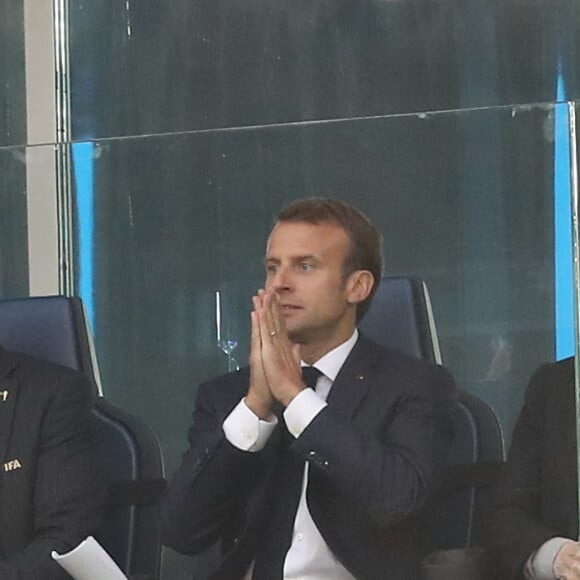 le président de la République Emmanuel Macron dans les tribunes lors de la demi-finale de la coupe du monde opposant la France à la Belgique à Saint-Pétersbourg, Russie, le 10 juillet 2018. © Cyril Moreau/Bestimage