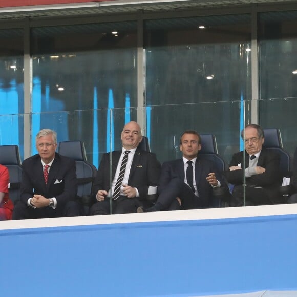 La reine Mathilde de Belgique, le roi Philippe de Belgique, Gianni Infantino, le président de la République Emmanuel Macron, Noël Le Graët et Laura Flessel-Colovic dans les tribunes lors de la demi-finale de la coupe du monde opposant la France à la Belgique à Saint-Pétersbourg, Russie, le 10 juillet 2018. © Cyril Moreau/Bestimage