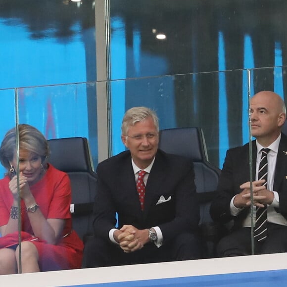 La reine Mathilde de Belgique, le roi Philippe de Belgique, Gianni Infantino, le président de la République Emmanuel Macron, Noël Le Graët et Laura Flessel-Colovic dans les tribunes lors de la demi-finale de la coupe du monde opposant la France à la Belgique à Saint-Pétersbourg, Russie, le 10 juillet 2018. © Cyril Moreau/Bestimag