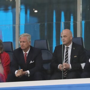 La reine Mathilde de Belgique, le roi Philippe de Belgique, Gianni Infantino, le président de la République Emmanuel Macron, Noël Le Graët et Laura Flessel-Colovic dans les tribunes lors de la demi-finale de la coupe du monde opposant la France à la Belgique à Saint-Pétersbourg, Russie, le 10 juillet 2018. © Cyril Moreau/Bestimage