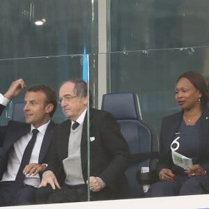 La reine Mathilde de Belgique, le roi Philippe de Belgique, Gianni Infantino, le président de la République Emmanuel Macron, Noël Le Graët et Laura Flessel-Colovic dans les tribunes lors de la demi-finale de la coupe du monde opposant la France à la Belgique à Saint-Pétersbourg, Russie, le 10 juillet 2018. © Cyril Moreau/Bestimage