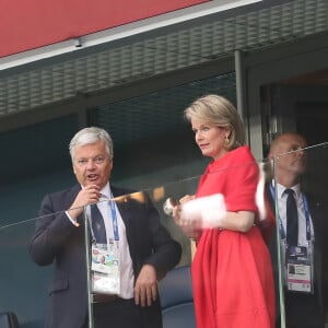 La reine Mathilde de Belgique, le roi Philippe de Belgique dans les tribunes lors de la demi-finale de la coupe du monde opposant la France à la Belgique à Saint-Pétersbourg, Russie, le 10 juillet 2018. © Cyril Moreau/Bestimage