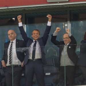 Le Président de la République célèbre la but de l'équipe de France dans les tribunes lors de la demi-finale de la coupe du monde opposant la France à la Belgique à Saint-Pétersbourg, Russie, le 10 juillet 2018. © Cyril Moreau/Bestimage