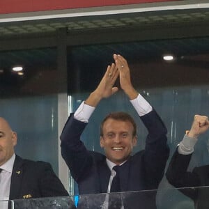 Le Président de la République célèbre le but de l'équipe de France dans les tribunes lors de la demi-finale de la coupe du monde opposant la France à la Belgique à Saint-Pétersbourg, Russie, le 10 juillet 2018. © Cyril Moreau/Bestimage