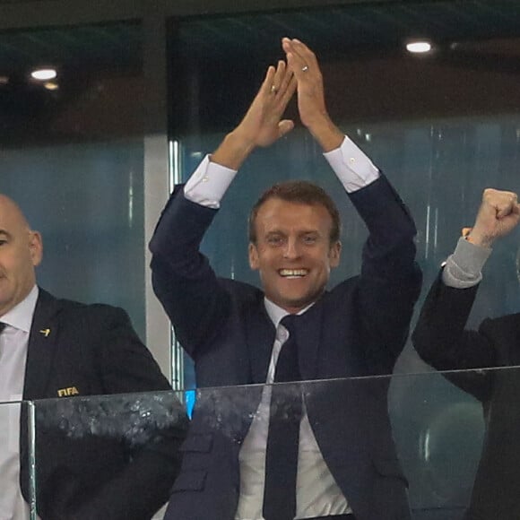 Le Président de la République célèbre le but de l'équipe de France dans les tribunes lors de la demi-finale de la coupe du monde opposant la France à la Belgique à Saint-Pétersbourg, Russie, le 10 juillet 2018. © Cyril Moreau/Bestimage