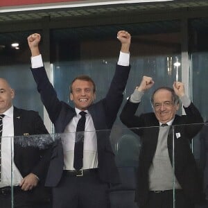 Le président de la République Emmanuel Macron, le président de la Fédération Francaise de Football (FFF) Noël Le Graët dans les tribunes lors de la demi-finale de la coupe du monde opposant la France à la Belgique à Saint-Pétersbourg, Russie, le 10 juillet 2018. La France a gagné 1-0. © Cyril Moreau/Bestimage