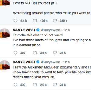 Kanye West parle de suicide dans de récents tweets, le 27 juillet 2018.