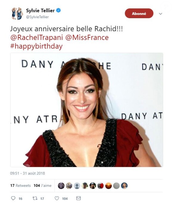 Sylvie Tellier souhaite un bon anniversaire à Rachel Legrain-Trapani sur Twitter mais se trompe de prénom... - Twitter - 31 août 2018