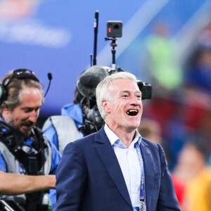 Joie de l'équipe de France de football après leur qualification en finale de la coupe du monde 2018 en Russie à Saint-Pétersbourg le 10 juillet 2018