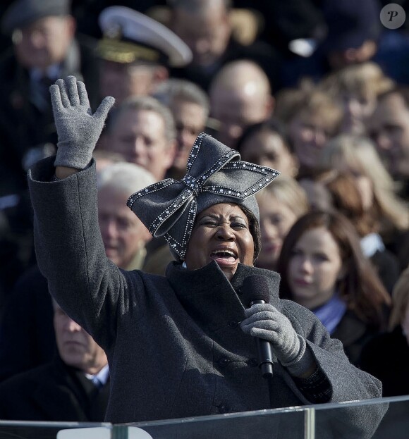 Aretha Franklin chante lors de l'investiture de Barack Obama à Washington, The District, Etats-Unis, le 20 janvier 2009.