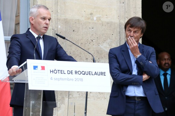 Passation de pouvoir entre le ministre de la Transition Ecologique et Solidaire, Nicolas Hulot, en compagnie de son épouse Florence Lasserre, et son successeur François de Rugy, accompagné de sa femme Séverine Servat, au ministère de l'Ecologie, hôtel de Roquelaure, à Paris, le 4 septembre 2018. © Stéphane Lemouton / Bestimage