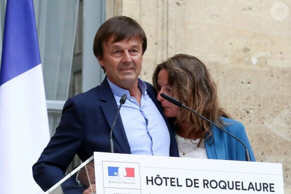 Passation de pouvoir entre le ministre de la Transition Ecologique et Solidaire, Nicolas Hulot, en compagnie de son épouse Florence Lasserre, et son successeur François de Rugy, accompagné de sa femme Séverine Servat, au ministère de l'Ecologie, hôtel de Roquelaure, à Paris, le 4 septembre 2018. © Stéphane Lemouton / Bestimage