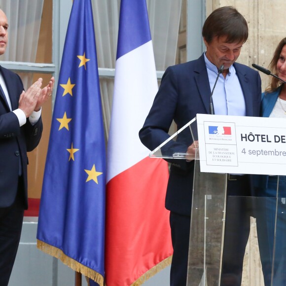 Passation de pouvoir entre le ministre de la Transition Ecologique et Solidaire, Nicolas Hulot, en compagnie de son épouse Florence Lasserre, et son successeur François de Rugy, accompagné de sa femme Séverine Servat, au ministère de l'Ecologie, hôtel de Roquelaure, à Paris, le 4 septembre 2018. © Stéphane Lemouton / Bestimage