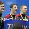Ryan Murphy, Cody Miller, Michael Phelps et Nathan Adrian (relais 4x100m) médaillés d'or au Jeux olympiques de Rio le 13 août 2016.