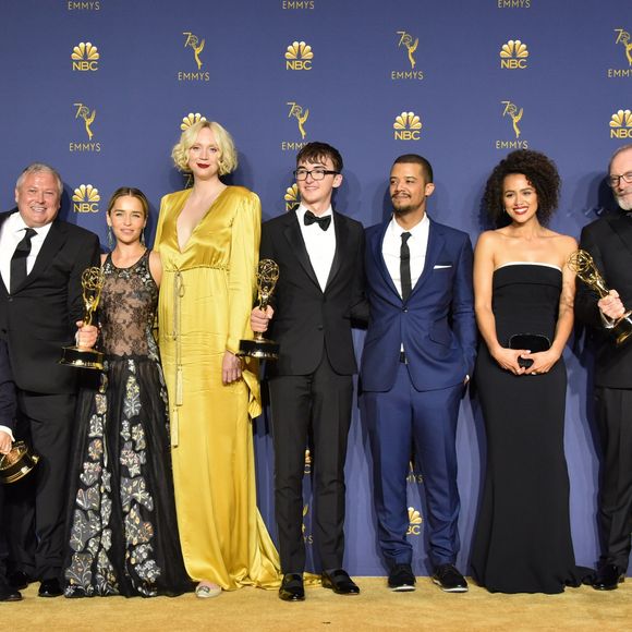 Les stars de "Game of Thrones " : Nikolaj Coster-Waldau, Peter Dinklage, Emilia Clarke, Conleth Hill, Gwendoline Christie, Isaac Hempstead-Wright, Jacob Anderson, Nathalie Emmanuel, Liam Cunningham et Kit Harington - 70e cérémonie des Primetime Emmy Awards, à Los Angeles le 17 septembre 2018.