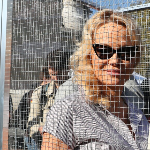 L'actrice américaine Pamela Anderson (Danse avec les Stars 2018) se fait enfermer lors d'un happening contre les élevages en cage sur la place de la République à Paris, France, le 10 octobre 2018. 130 ONG lancent ce mercredi une initiative citoyenne européenne pour mettre fin à l'élevage des animaux de ferme en gage. © Sébastien Valiela/Bestimage