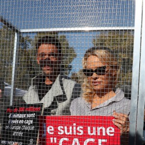 L'actrice américaine Pamela Anderson (Danse avec les Stars 2018), avec son partenaire de DALS Maxime Dereymez, se fait enfermer lors d'un happening contre les élevages en cage sur la place de la République à Paris, France, le 10 octobre 2018. © Sébastien Valiela/Bestimage