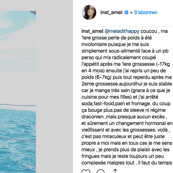 Amel Bent évoque son poids avec un admiratrice sur Instagram, le 17 août 2018.