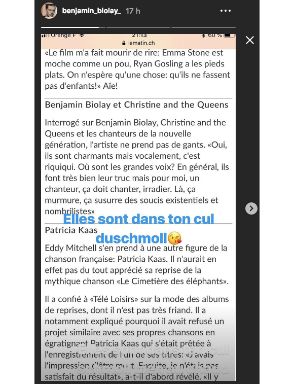 Benjamin Biolay répond aux critiques d'Eddy Mitchell sur Instagram, le 25 octobre 2018.