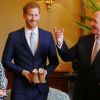 Le prince Harry et Meghan Markle rencontrent Peter Cosgrove, le Gouverneur général d'Australie à la "Admiralty House" lors de leur premier voyage officiel, le 16 octobre 2018. Le Gouverneur et sa femme ont offert une peluche kangourou et une paire de boots au couple pour l'arrivée de leur futur enfant.