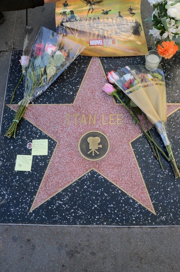 Illustration des hommages sur l'étoile de Stan Lee sur le Walk Of Fame à Hollywood. Le 12 novembre 2018 Hollywood, CA - Flowers placed on Stan Lee's Star on the Hollywood Walk of Fame after his passing at the age of 95 in Hollywood, California.12/11/2018 - Hollywood