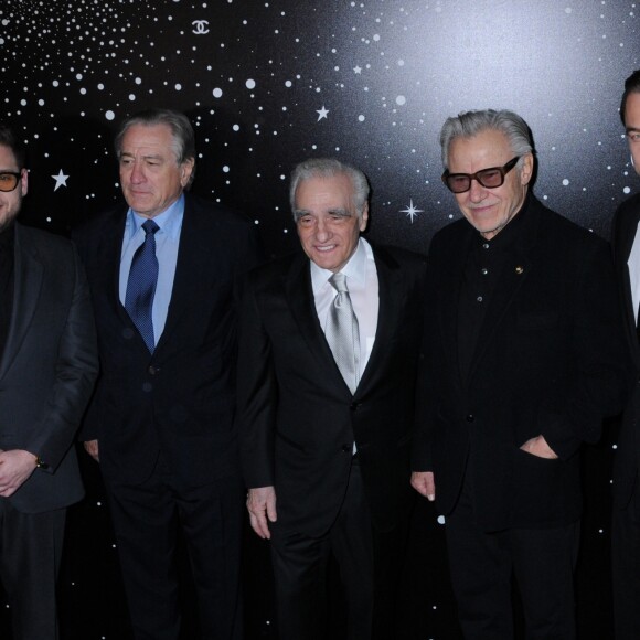 Jonah Hill, Robert De Niro, Martin Scorsese, Harvey Keitel et Leonardo DiCaprio lors de la soirée Museum of Modern Art Film benefit presented by Chanel: A Tribute to Martin Scorsese, à New York, le 19 novembre 2018.