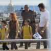 Exclusif - Les jumeaux de Céline Dion, Eddy et Nelson Angélil font du shopping aux Galeries Lafayette accompagnés de leur tante Linda, de leur baby-sitter, de deux gardes du corps et d'un chauffeur à Paris le 5 juillet 2017.
