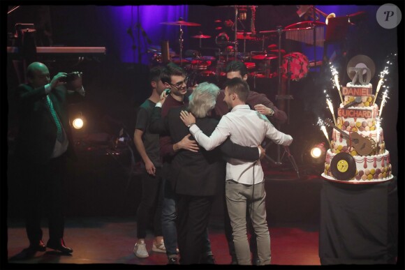 Exclusif - Daniel Guichard entouré de ses fils Raphaël, Joël et Gabriel - Daniel Guichard fête son 70ème anniversaire sur la scène de l'Olympia à Paris le 21 novembre 2018. © Alain Guizard/Bestimage