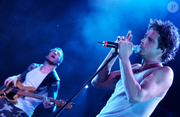 Tim Commerford et Chris Cornell lors d'un concert d'Audioslave, au festival Lollapalooza en août 2003.