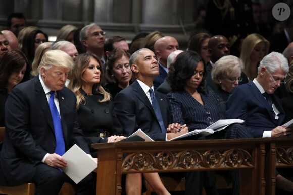 Donald Trump, Melania Trump, Barack Obama, Michelle Obama, Bill Clinton - Obsèques de George H.W. Bush à la National Cathedral, Washington, le 5 décembre 2018.