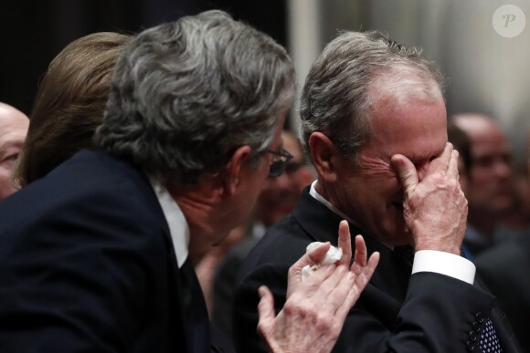 Former President George W. Bush, right, cries after speaking during the State Funeral for his father, former President George H.W. Bush, at the National Cathedral, Wednesday, December 5, 2018, in Washington, DC. Photo by Alex Brandon/UPI /ABACAPRESS.COM05/12/2018 - WASHINGTON