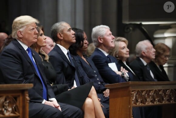 Donald Trump, Melania Trump, Barack Obama, Michelle Obama, Bill Clinton, Hillary Clinton, Jimmy Carter - Obsèques de George H.W. Bush à la National Cathedral, Washington, le 5 décembre 2018.