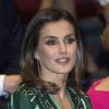 La reine Letizia d'Espagne (en robe Sandro Paris et escarpins Prada) au 2e congrès international "La voix des femmes du monde rural" à Madrid le 13 décembre 2018.