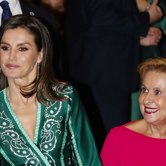 La reine Letizia d'Espagne (en robe Sandro Paris et escarpins Prada) lors de la deuxième édition du congrès international "La voix des femmes du monde rural" à Madrid le 13 décembre 2018.