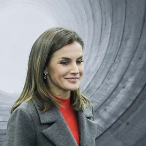 La reine Letizia d'Espagne habillée tout en Hugo Boss lors d'une réunion de la Fondation de lutte contre la toxicomanie au campus Repsol à Madrid le 12 décembre 2018.