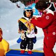 Ingrid Chauvin et son fils Tom en vacances au ski à Serre Chevalier, le 29 décembre 2018. Premier podium pour le petit garçon !